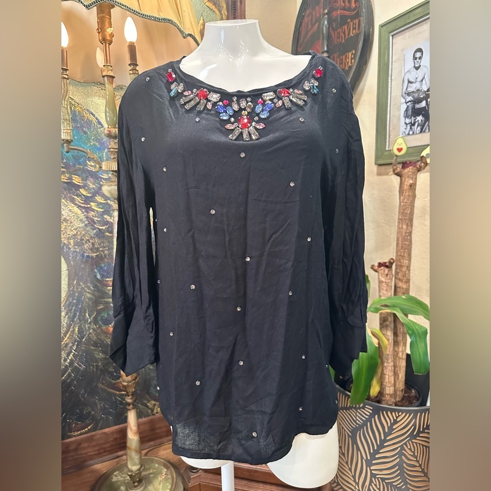NWT Nine West Black  stone Embellished Blouse with Long Sleeves light weight